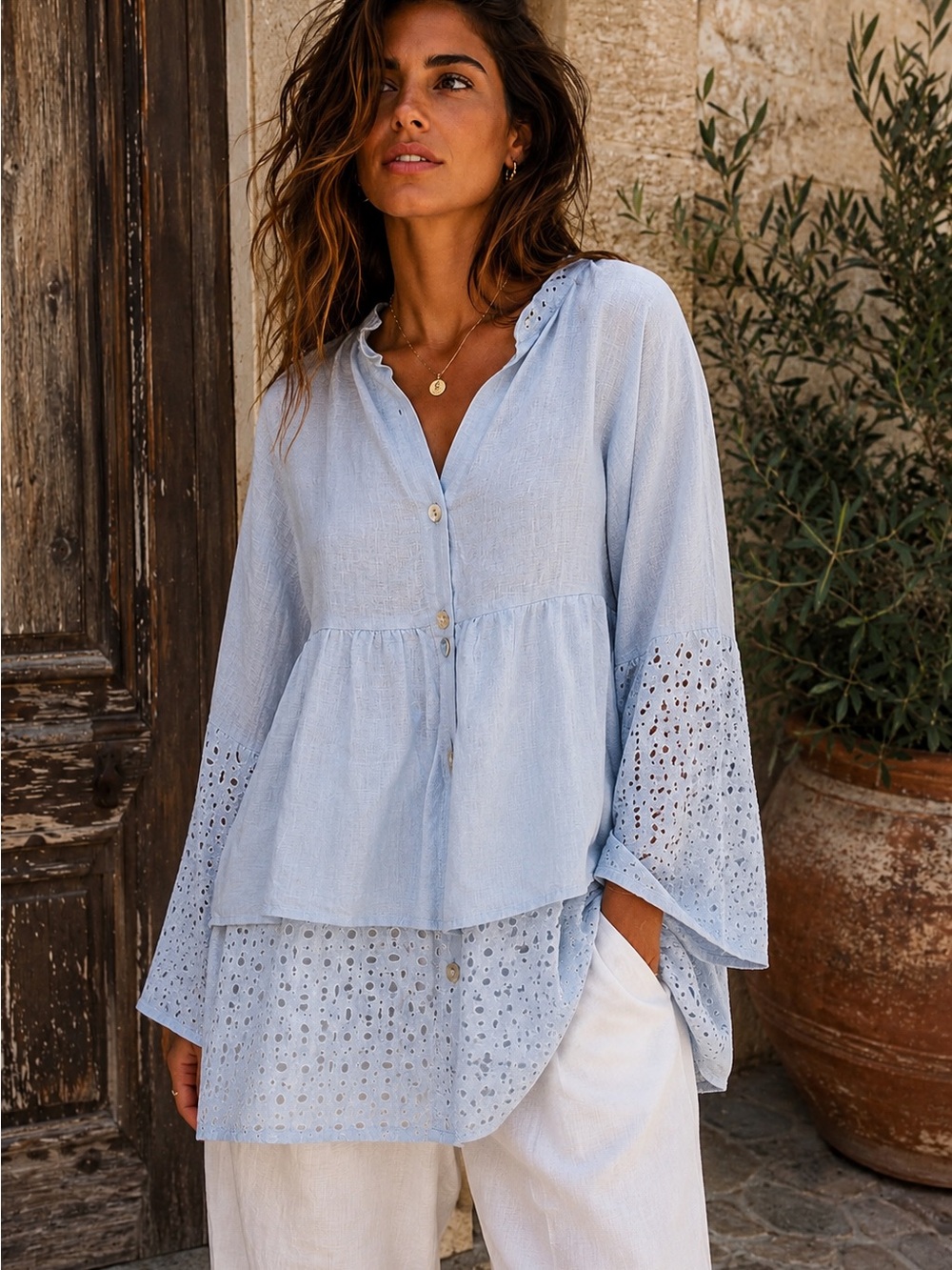 Italian Made 100% Linen Boho Tunic Top | Light Blue Eyelet Oversized Blouse